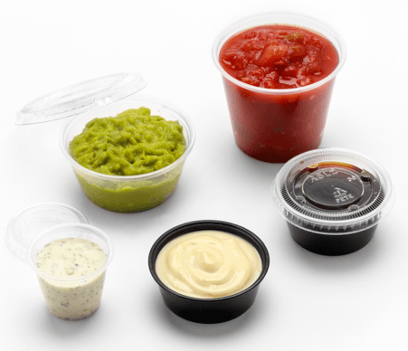 condiment and portion cops filled with mayo, salsa, guacamole, dressing, etc.