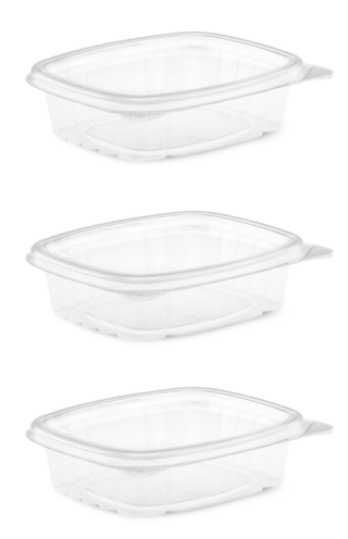 3 clear food containers with hinge lids closed