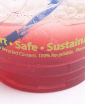 zoomed in on clear cup to read safe sustainable recycled content