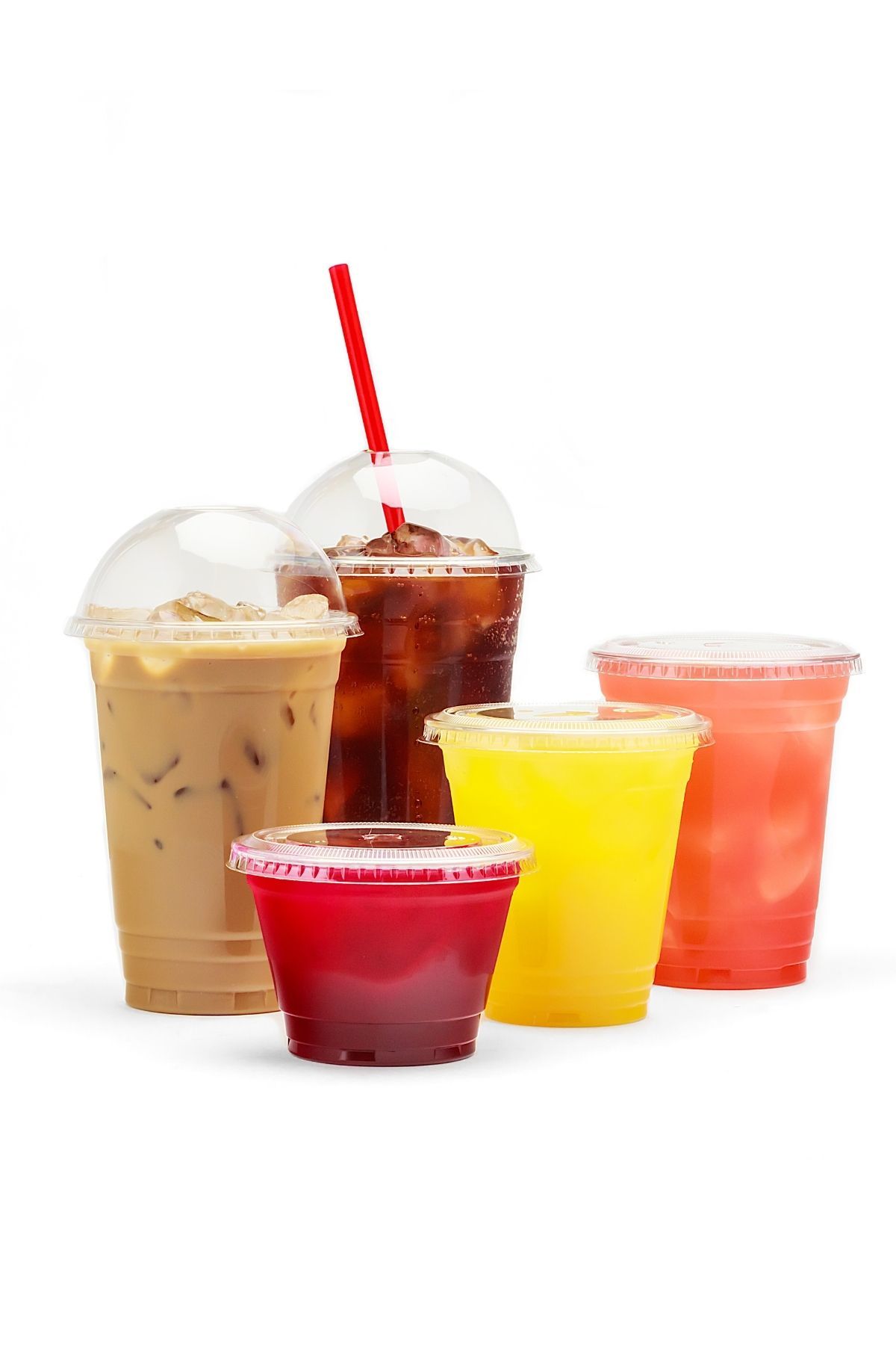 clear cups and dishes of various sizes with lids filled with various liquids
